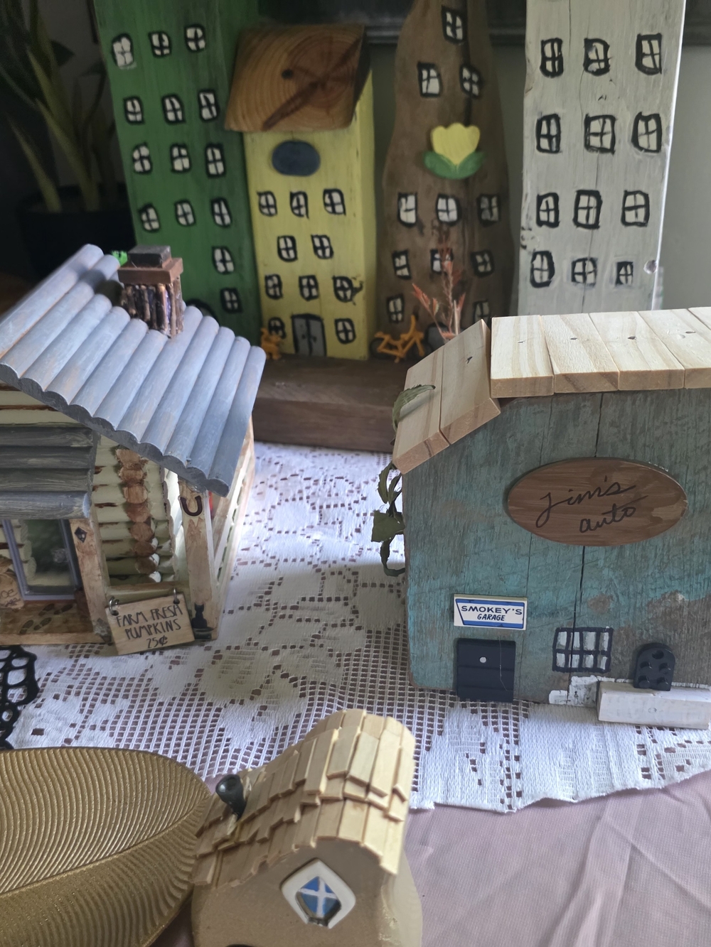 Handmade Rustic Miniature House Display - Teal, Natural Wood